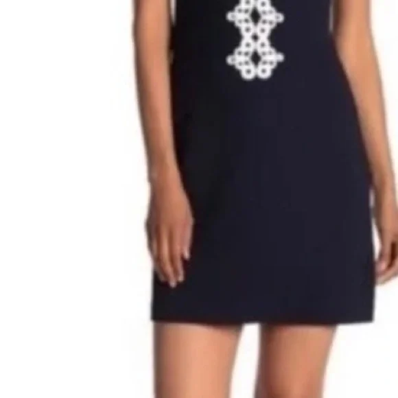 Vince Camuto Navy Sheath Dress with White Lace Front Trim - Picture 9 of 10